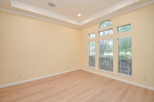 spare room featuring light wood-type flooring and a tray ceiling