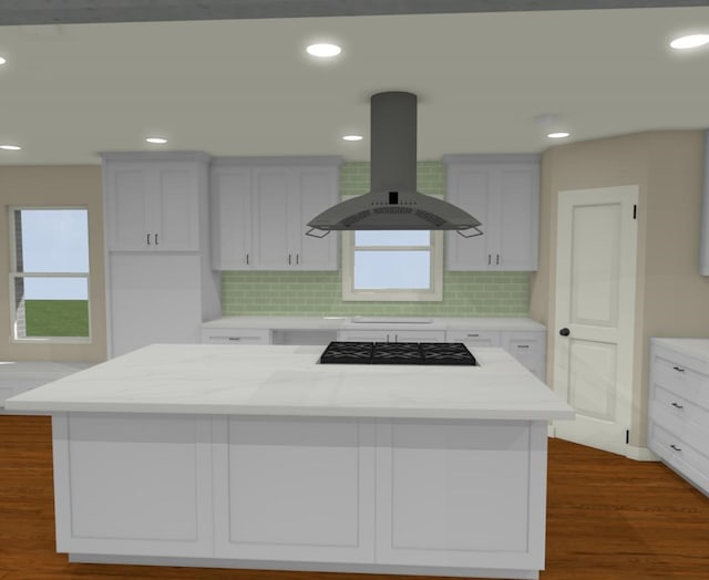 kitchen featuring white cabinetry, a center island, gas stovetop, light stone counters, and island exhaust hood