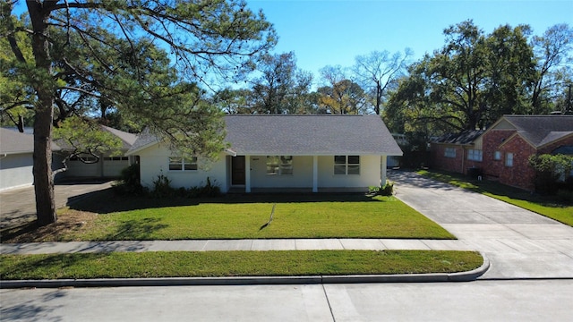 single story home with a front lawn and a porch