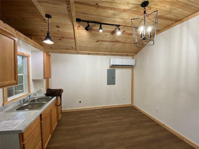 kitchen with a wall mounted AC, hanging light fixtures, wooden ceiling, and a notable chandelier