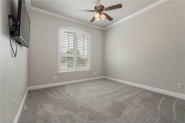 carpeted spare room with ceiling fan and ornamental molding