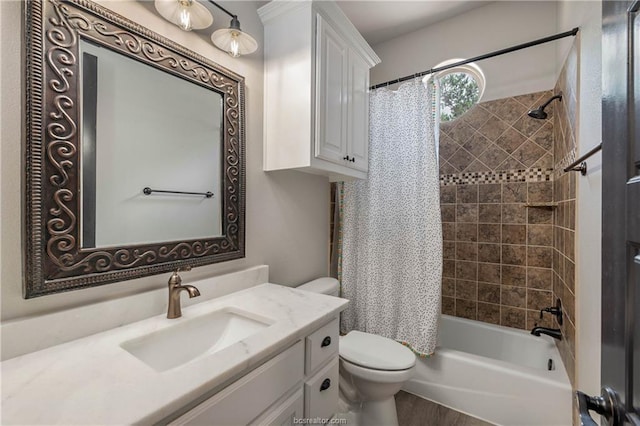 full bathroom with shower / bath combination with curtain, vanity, toilet, and wood-type flooring