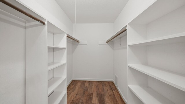 spacious closet featuring dark hardwood / wood-style flooring