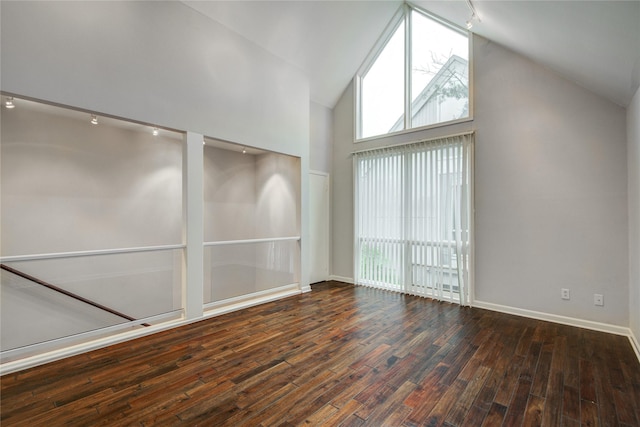 interior space featuring high vaulted ceiling and dark hardwood / wood-style floors