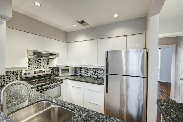 kitchen with range hood, stainless steel appliances, and white cabinetry