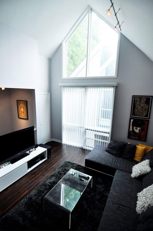 living room with high vaulted ceiling and dark wood-type flooring