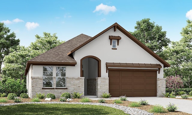 view of front facade featuring a garage, stone siding, driveway, roof with shingles, and stucco siding