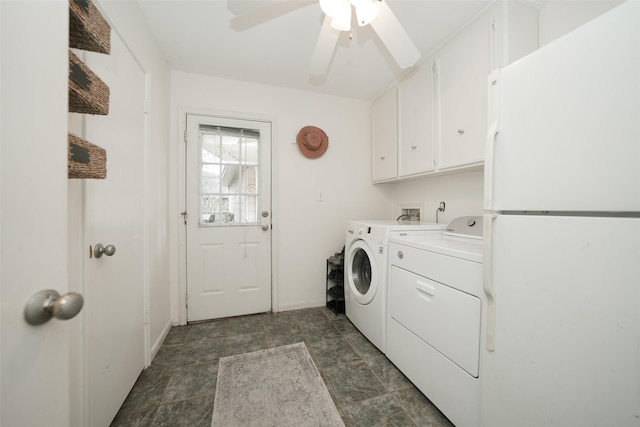 laundry area featuring washing machine and dryer, ceiling fan, and cabinets