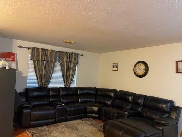 living room with a textured ceiling and visible vents