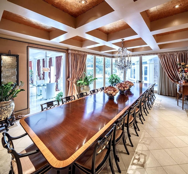 dining room featuring beamed ceiling, light tile patterned floors, coffered ceiling, and a notable chandelier