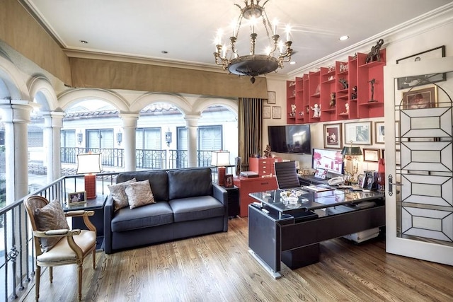 office area with hardwood / wood-style flooring and ornamental molding