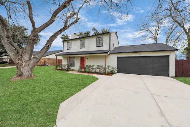 front facade with a front yard and a garage