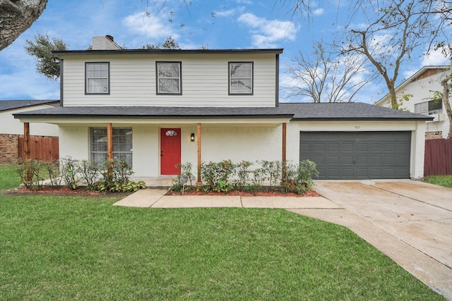 front facade featuring a porch, a garage, and a front lawn