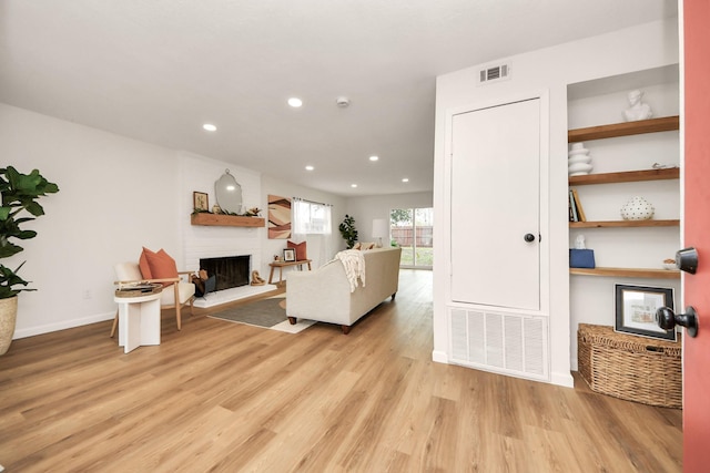 living room featuring a large fireplace and light wood-type flooring