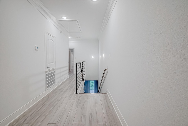 corridor with ornamental molding and light wood-type flooring