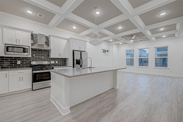 kitchen featuring appliances with stainless steel finishes, white cabinetry, wall chimney range hood, and a center island with sink