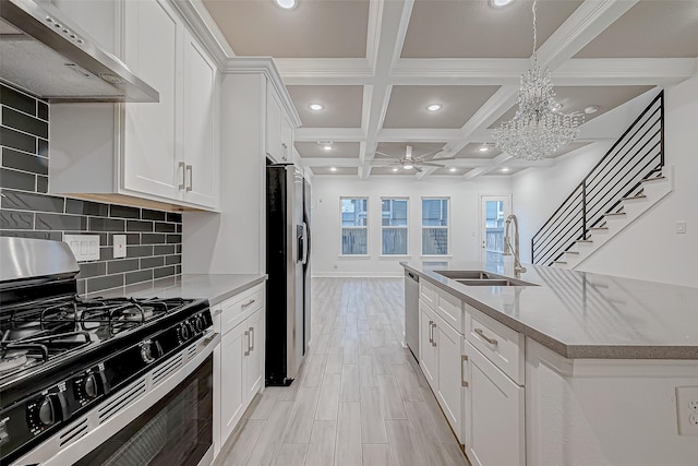 kitchen with range hood, white cabinets, sink, and appliances with stainless steel finishes