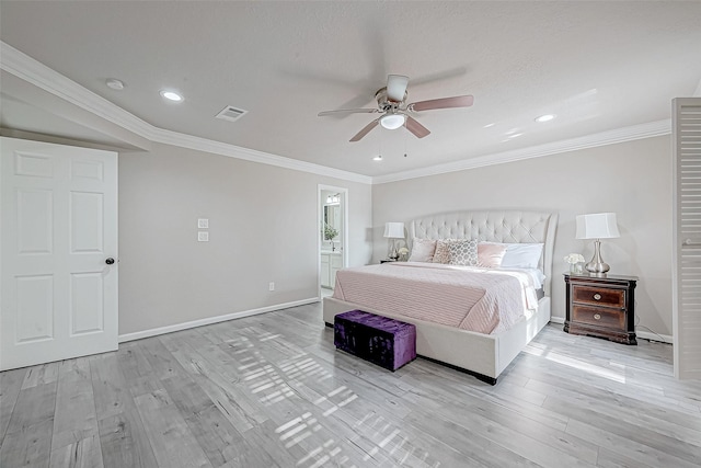 bedroom with ceiling fan, crown molding, and light wood-type flooring