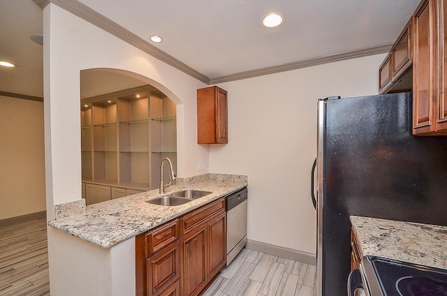 kitchen featuring dishwasher, crown molding, sink, kitchen peninsula, and range