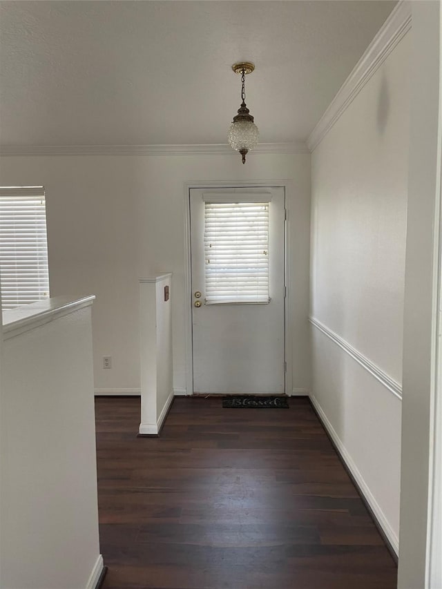 doorway to outside with crown molding and dark hardwood / wood-style floors