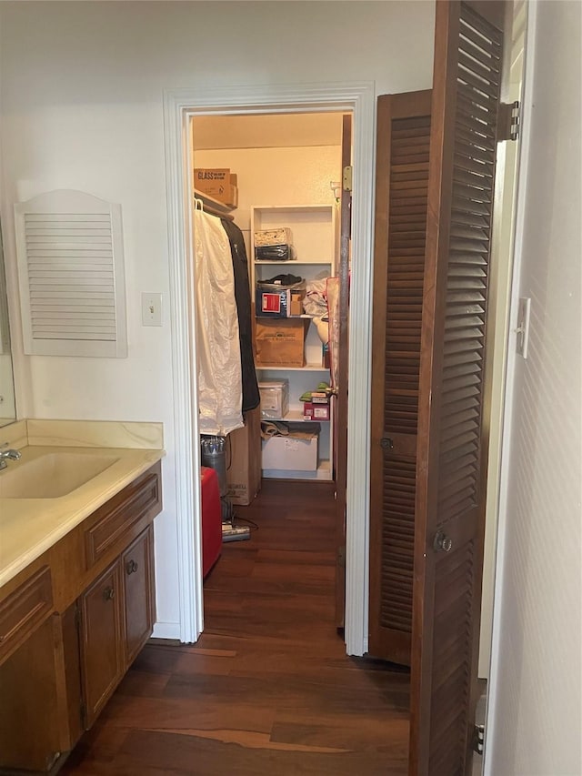 bathroom featuring hardwood / wood-style floors and vanity