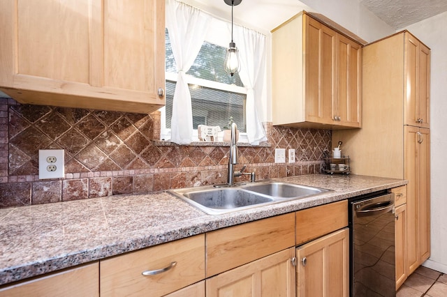 kitchen featuring light brown cabinets, sink, black dishwasher, tasteful backsplash, and decorative light fixtures