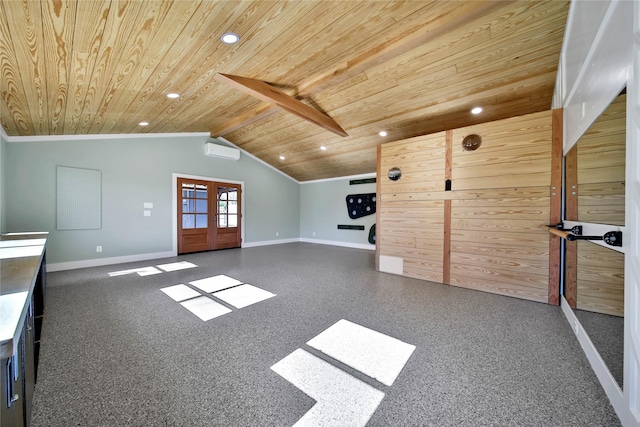 unfurnished room featuring a wall mounted air conditioner, lofted ceiling, and wood ceiling