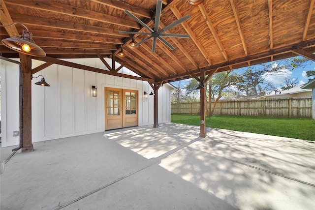 view of patio featuring ceiling fan and french doors