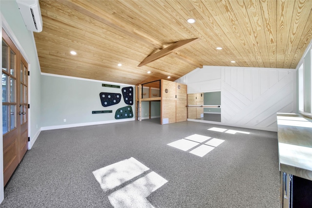 unfurnished living room with wooden ceiling, a wall unit AC, and vaulted ceiling