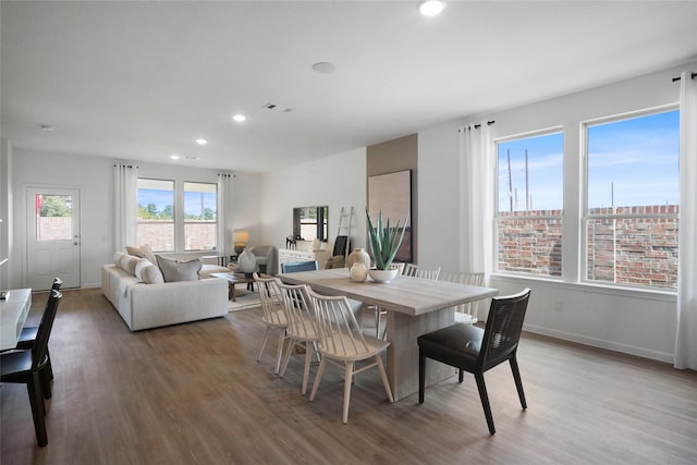 dining space with plenty of natural light and wood-type flooring