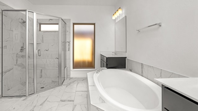 4726 Joplin St, Manvel, TX 77583 - bathroom with a garden tub, vanity, a marble finish shower, and marble look tiles