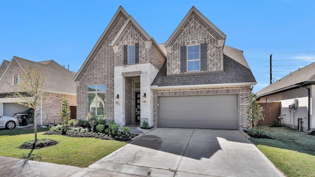 4726 Joplin St, Manvel, TX 77583 - view of front facade with brick siding, a front lawn, concrete driveway, an attached garage, and a shingled roof