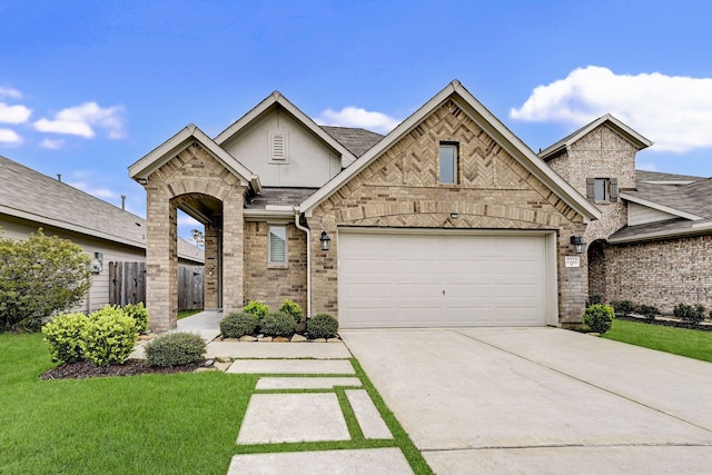 view of front of home with a front lawn and a garage