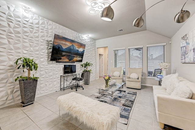 tiled living room featuring vaulted ceiling