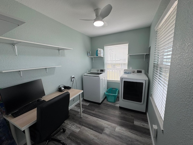 clothes washing area featuring a textured wall, washing machine and dryer, laundry area, a ceiling fan, and dark wood finished floors