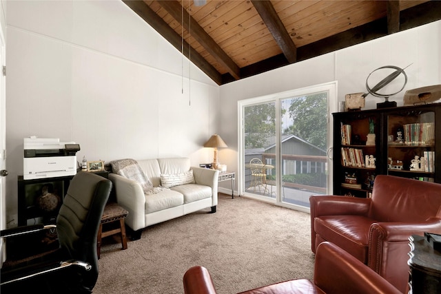 living room featuring beamed ceiling, carpet flooring, wood ceiling, and high vaulted ceiling