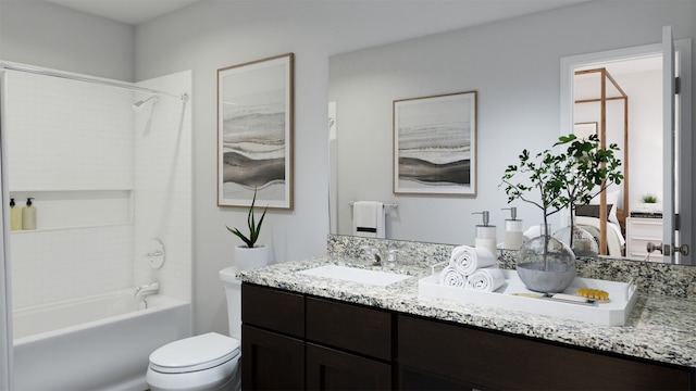 full bathroom with vanity,  shower combination, and toilet