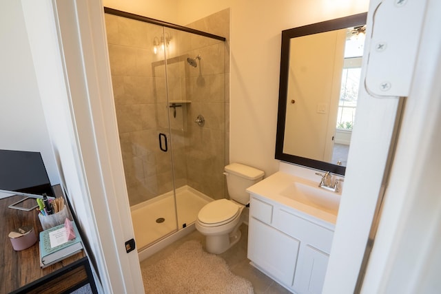 bathroom with toilet, an enclosed shower, vanity, and tile patterned flooring