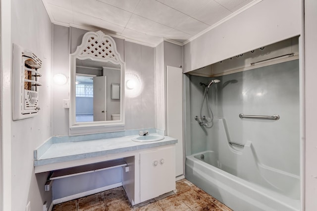 bathroom with vanity, shower / bath combination, and ornamental molding