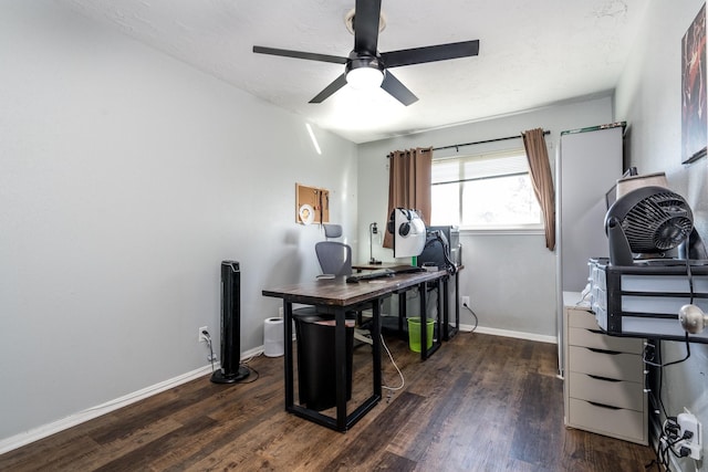 home office with ceiling fan, dark wood-type flooring, and a textured ceiling