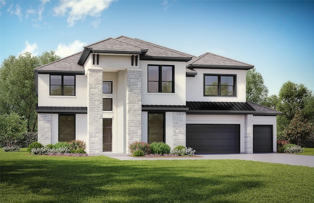 view of front of home with a front lawn and a garage