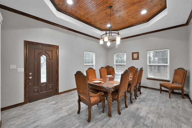 dining area with a tray ceiling, light hardwood / wood-style flooring, a notable chandelier, and wood ceiling