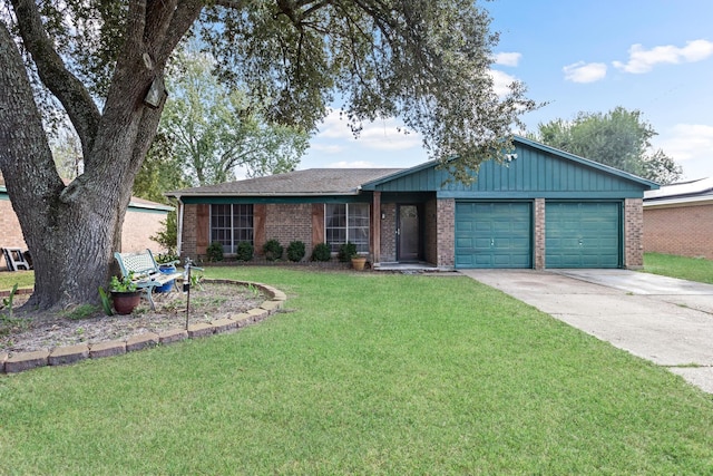 ranch-style house with a front yard and a garage