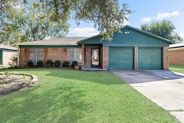 single story home featuring a front lawn and a garage