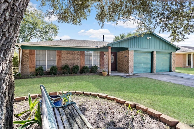 ranch-style home featuring a garage and a front yard