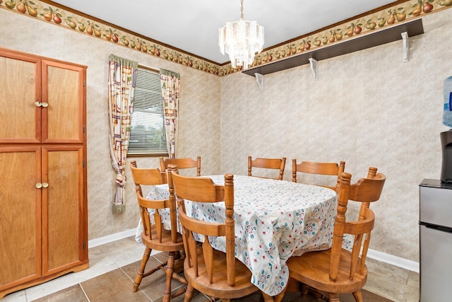 tiled dining area featuring a notable chandelier