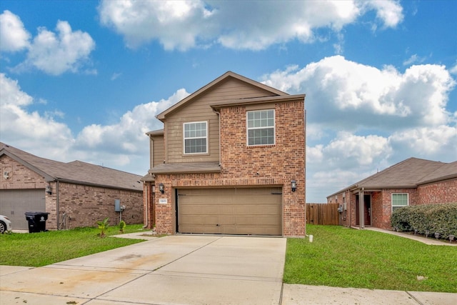 front of property with a garage and a front lawn