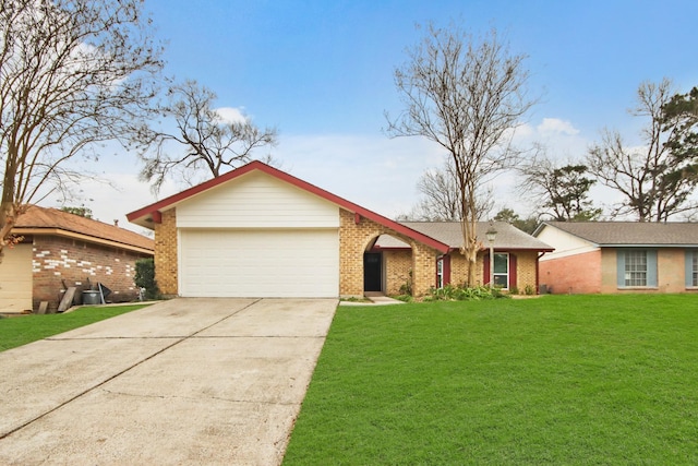 ranch-style home with a garage and a front yard