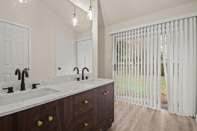 bathroom featuring vanity, vaulted ceiling, and wood-type flooring