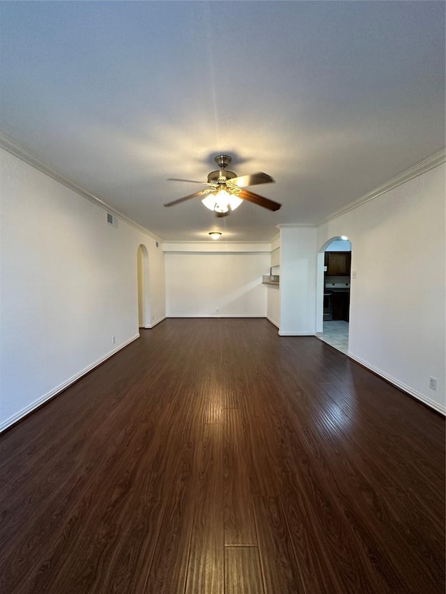 unfurnished living room with dark wood-type flooring, ceiling fan, and crown molding